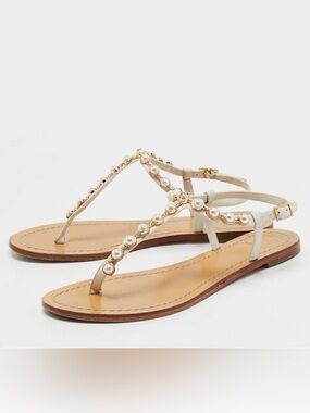 Tory Burch Emmy White Faux Pearl Leather T Strap Sandals 6.5M